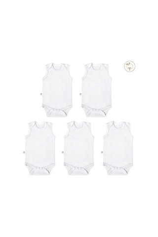 Tinylamb Beyaz Renk Bebek Bodysuit Kolsuz 5'li Set - Bebek Atleti %100 Pamuk Kolsuz Bebek Atleti Beyaz