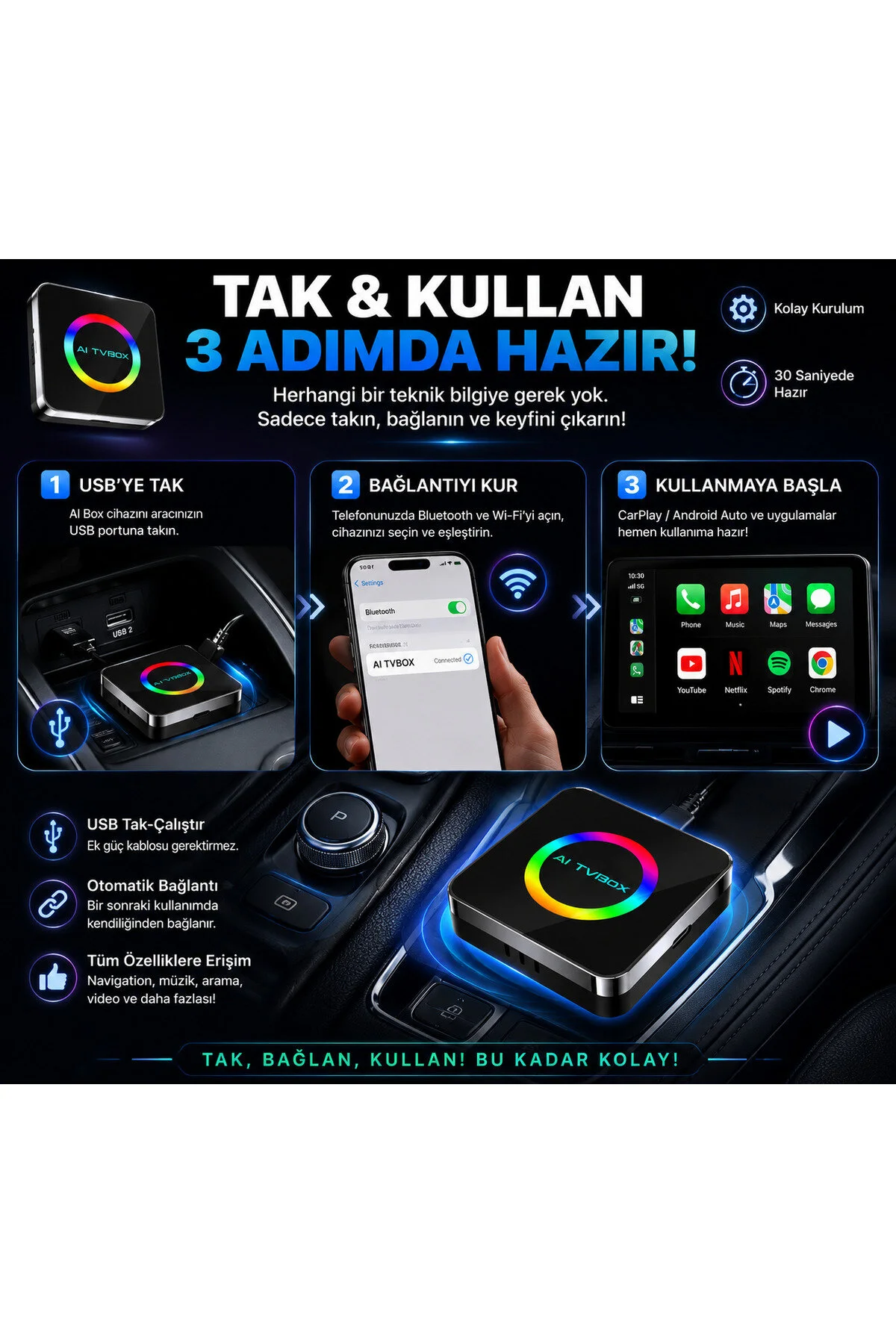 Carplay Ve Android Auto Aı Box 4gb+64gb Android 14 Youtube & Netflix Diğer