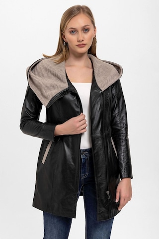 Siyah Julia Triko Kapüonlu Kemerli Hakiki Kadın Deri Kaban-siyah Siyah