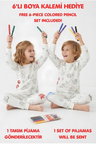 Bunny Hopp Çocuk Boyanabilir Uzun Kollu Pijama Takımı %100 Pamuk Yıkanabilir Ve Tekrar Boyanabilir Penye 6'lı Kalem Hediye Beyaz