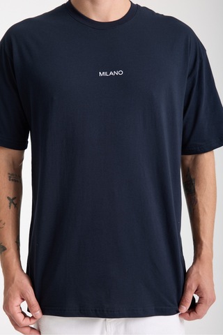 Erkek Milano Nakış Yazılı Oversize Bisiklet Yaka T-shirt Lacivert