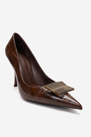 Luvishoes Dexen Kahverengi Baskı Metal Tokalı Kadın İnce Topuklu Ayakkabı