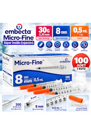 Embecta Micro-fine Süper İnsülin Enjektörü 30g 0,30 Mm X 8 Mm 0,5 Ml 100 Adet 1 Kutu