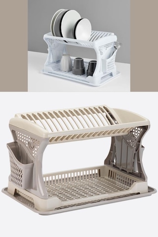 Flosoft İki Katlı Bulaşık Sepeti, Modüler Bulaşıklık Tabaklık, Bölmeli Tabak Kaşık Çatal Kurutmalık Kahverengi Bej