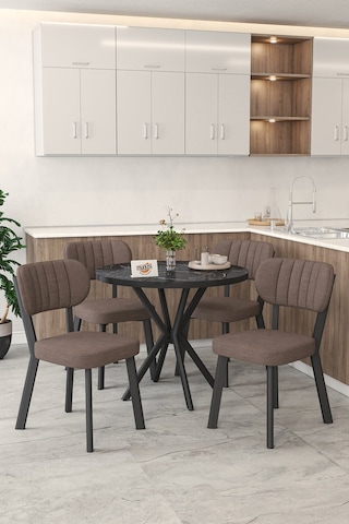 Gnr 90cm Sabit Siyah Mutfak Masası Takımı, Yemek Masası, 4 Modern Kahverengi Sandalye Kahverengi