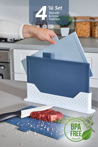 4'lü Tezgah Üstü Yatay Standlı Kesme Tahtası - Çoklu Doğrama Tahtası Ekmek Sebze Et Kesim Panosu Mavi