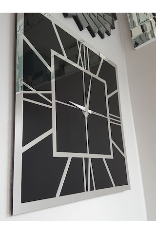 Ayna Denizi Silver Quare Black Model Gümüş Siyah Renk 60 CM x 60 CM Dekoratif Aynalı Duvar Saati Gümüş - Siyah