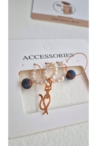 Kedili İnciliküçük Halka Rose Gold Küpe Set Rose