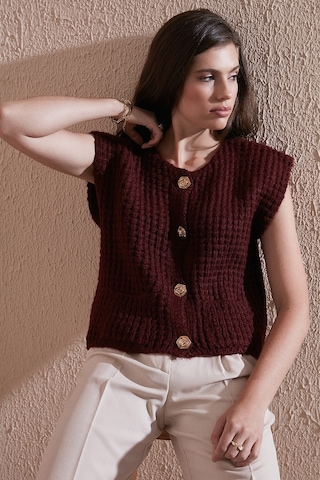 Lela Premium Oversize Fit Bisiklet Yaka Düğmeli Örgü Bayan Yelek 680Yl1416 Bordo