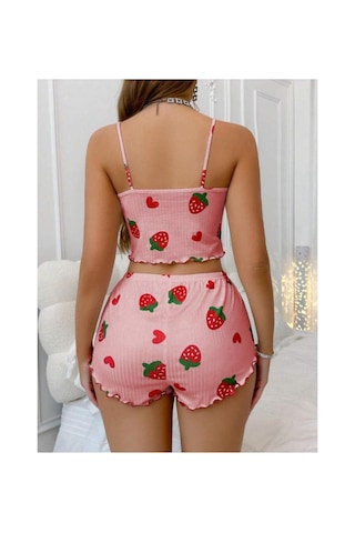 Selveta Kadın Penye İp Askılı Şortlu İnce Çilek Desen Gecelik Pijama Takımı Çok Renkli