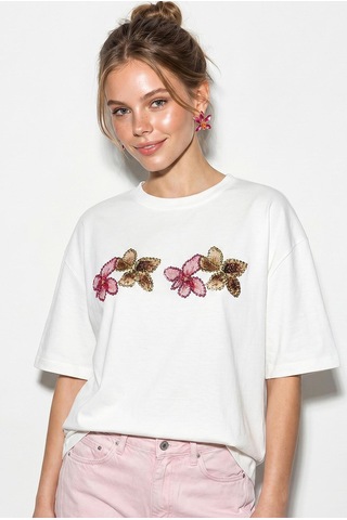 Shade Kadın Bisiklet Yaka Taş Baskı Detaylı Oversize Pamuklu T-shirt Öt100013 60286272 - Beyaz-pembe