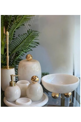 Dekoratif Doğal Beyaz Oval Mermer 8 Parça Gold Disko Banyo Seti