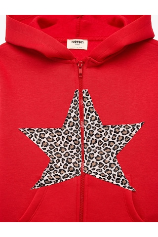 Koton Leopar Desenli Yıldızlı Uzun Kollu Şardonlu Fermuarlı Kapşonlu Sweatshirt Kırmızı 7wkg10050ak