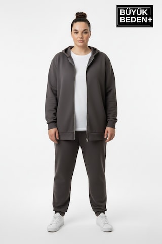 Süperlife Kadın Büyük Beden Fermuarlı Kapüşonlu İnce Sweatshirt Hırka - Rahat Kalıp Spr26bhr960 Füme