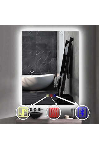 50x70 H Cm Bluetoothlu Buğu Çözücülü Dokunmatik Işıklı Ledli Banyo Aynası Şeffaf