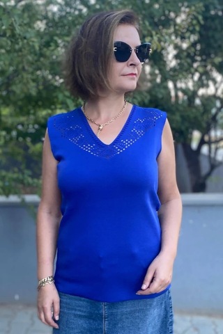 Mia Butik Kadın Lina Saks Mavi Merserize Kolsuz Bluz Saks Mavi