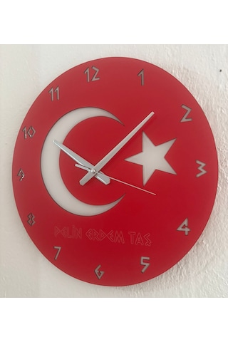 Kişiye Özel İsim Yazılı Ay Yıldız Türk Bayrağı Duvar Saati Epoksi Dolgulu 40 Cm Kırmızı - Beyaz