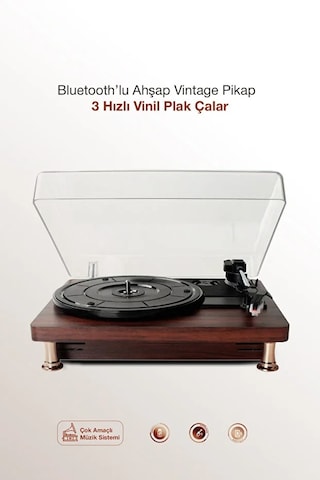 Taşınabilir Şarjlı Retro Pikap - Bluetooth, Aux Girişli, Dahili Hoparlörlü Ahşap Plak Çalar + Yedek İğne 1 Adet