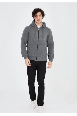 Luz&pos Erkek Tam Fermuarlı Kapşonlu Sweatshirt - Füme Füme