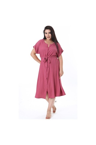 Kadın Büyük Beden Gül Kurusu Bürümcük Kumaş Ön Boy Düğmeli V Yakalı Elbise 65n38316-gül Kurusu Gül Kurusu