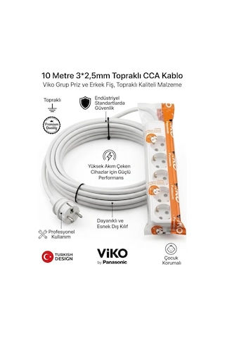 Viko Grup Priz 5'li, 10 Metre Uzatma Kablosu, 3x2,5 Kalın Cca Kablo - Premium Kalite, Çocuk Korumalı, Terminal Ve Klemens Bağlantılı 10 M