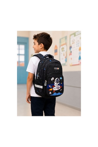 Kids Astronot Galakside İlkokul Çantası 41 Cm Su Geçirmez Okula Dönüş Siyah