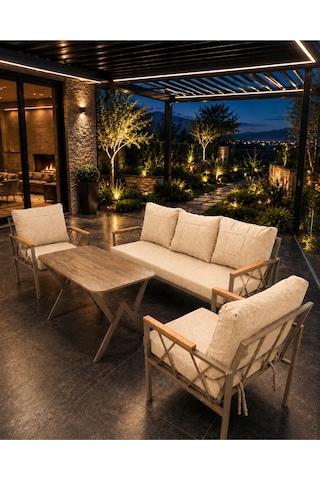 Miray Cappuccino Metal 311 Masalı Krem Balkon Bahçe Oturma Grubu Minderli Metal Bahçe Mobilyası Takımı
