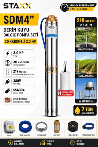Staxx Sdm4390 Sdm4 3hp Trifaze Derin Kuyu Dalgıç Pompa Seti 219 Metre Full Takım Bakır Sargılı 380v