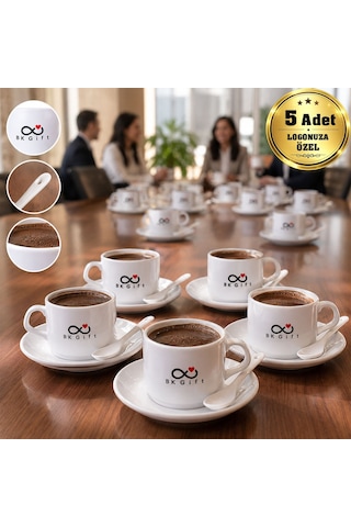 Logonuza Özel 5 Adet Porselen İkili Kaşıklı Fincan Seti - 140 Ml Kurumsal Kahve Seti Beyaz