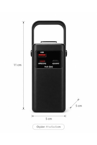 20.000mah Taşınabilir Şarj Cihazı Powerbank Fenerli E Modlu Dijital Göstergeli Micro Usb Type-c Şarj Kablolu Taşıma Kollu Kısa Devre Korumalı siyah