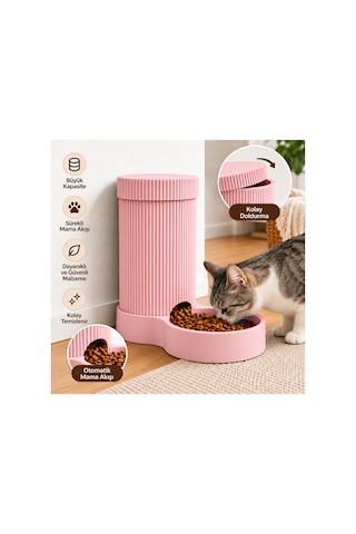 Kedi Ve Köpek Otomatik Mama Kabı Yerçekimli Mama Besleyici, Geniş Hazneli, Pratik Ve Modern Tasarım - Pembe