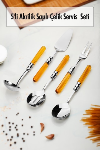 5 Parça Platin Servis Seti & Servis Sunum Seti Amber Kepçe / Kevgir / Sıpatula / Çatal / Kaşık