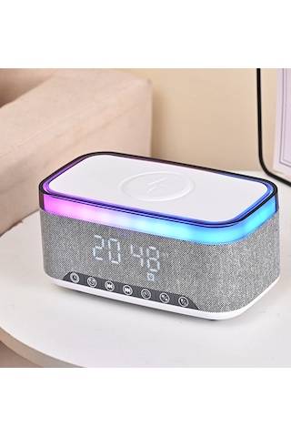 Rgb Işıklı Bluetooth Hoparlör - Dijital Saat, Kablosuz Şarj Ve Çok Renkli Led Aydınlatma