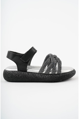 Muggo Jazz Garantili Günlük Ortopedik Hafif Taban Örgü Detaylı Cırtlı Kız Çocuk Sandalet Siyah