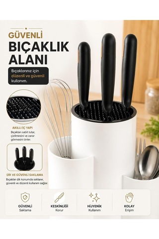 Tezgah Üstü Bölmeli Bıçaklık - Kaşık Kepçe Bıçak Standı Mutfak Düzenleyici Organizer Kaşıklık Beyaz Çok Renkli