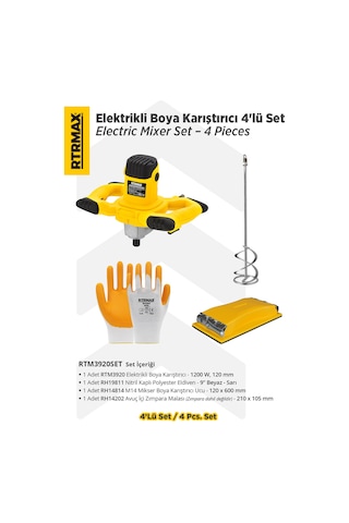 Rtrmax RTM3920SET Elektrikli Boya Karıştırıcı Eldiven + Boya Karıştırıcı Ucu + Zımpara Malası 4'lü Set