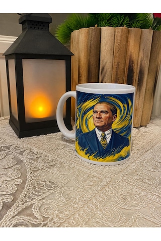 Kişiye Özel Sarı Lacivert Renk Tasarımlı Atatürk Görsel Temalı Kupa Bardak Sarı - Lacivert