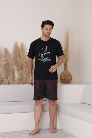 Sleeproom Erkek Rahat Pamuklu Yazlik Penye Siyah Alt Ekoseli Kaprili Pijama Takim Yeni Ürün Siyah