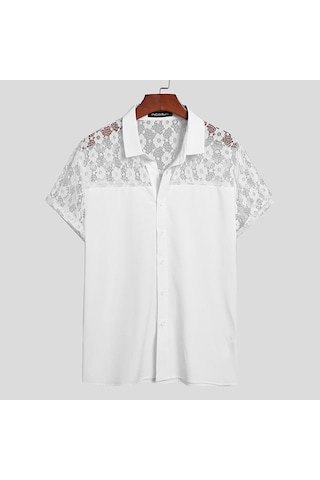 Incerun Erkek Dantel Patchwork T-shirt Yaz Kısa Kollu Düğmeler Aşağı Transparan Üstler Örgü Gömlek Erkek Giyim Beyaz