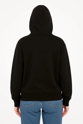 Defymoda Oversize Kapüşonlu Sweatshirt Hoodie 3 İplik Şardonlu Pamuklu Kumaş, Önü Baskılı, Fermuarlı Rahat K Siyah