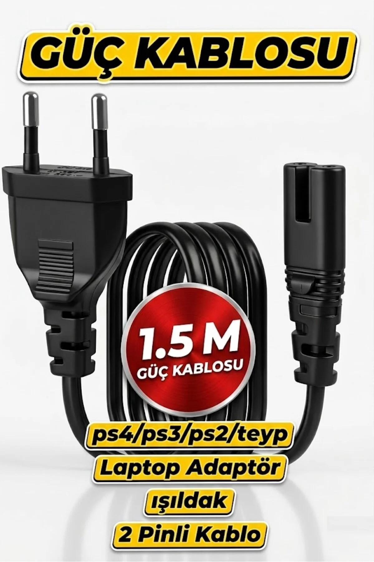 1.5 Metre 1.5mt Ps5/ Ps4/ Ps3 / Xbox Series S-x Uyumlu 2 Pinli Güç Kablosu Teyp Fişi, Radyo Fişi, Led Tv Elektrik Fişi 2pin Güç Kablosu 001