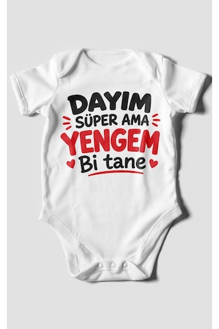 Morivokids Dayım Süper Ama Yengem Bi Tane Kısa Kollu Bebek Body %100 Pamuk Beyaz