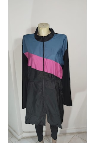 Paraşüt Kumaş Tam Fermuarlı Tek Parça Tesettür Mayo Gri - Pembe