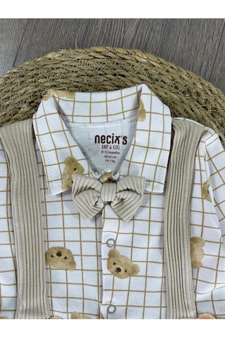 Bebicix Kaşkorse Esnek Papyonlu Ayıcık Figürlü Patikli Çıtçıtlı Erkek Bebek Tulum Kahve