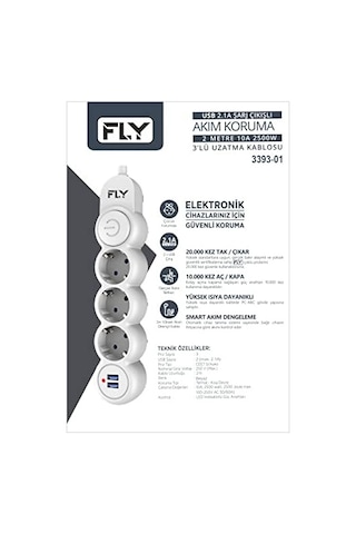Racing Fly 3393 Termal Akım Korumalı, Çocuk Korumalı, 2 X Usb, 2mt Uzatma Kablosu 3'lü Priz, Beyaz 1