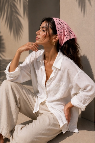 My Vintage Kadın File Örgü Bandana Yazlık Delikli Triko Saç Bandanası Plaj Uyumlu Pembe