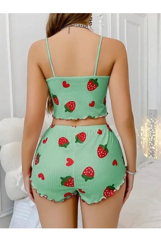 Atyticaret Kadın Pamuklu Yeşil Üstüne Çilek Desen Fitilli Askılı Şortlu Pijama Takımı