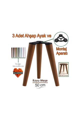 3 Adet Ahşap Ayak 50 Cm Koyu Meşe M8 Civatalı Bağlantı Aparatlı Mobilya Tabure Sehpa Masa Destek Ayağı Koyu Meşe