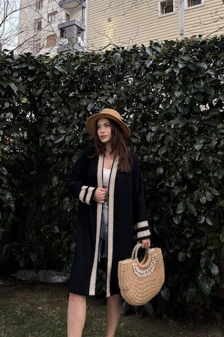 Kadın Siyah Müslin Kumaş, Hasır Şerit Detaylı Salaş Kimono Ceket Siyah