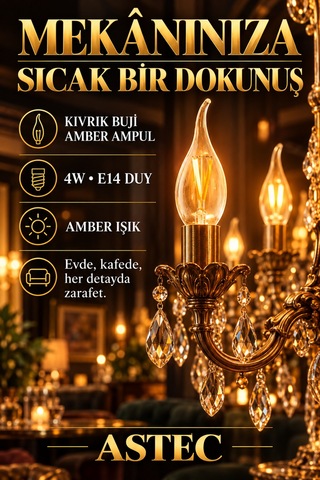 Astec E14 Kıvrık Buji Amber Ampul 4 Watt Amber Işık Dekoratif Filament Led